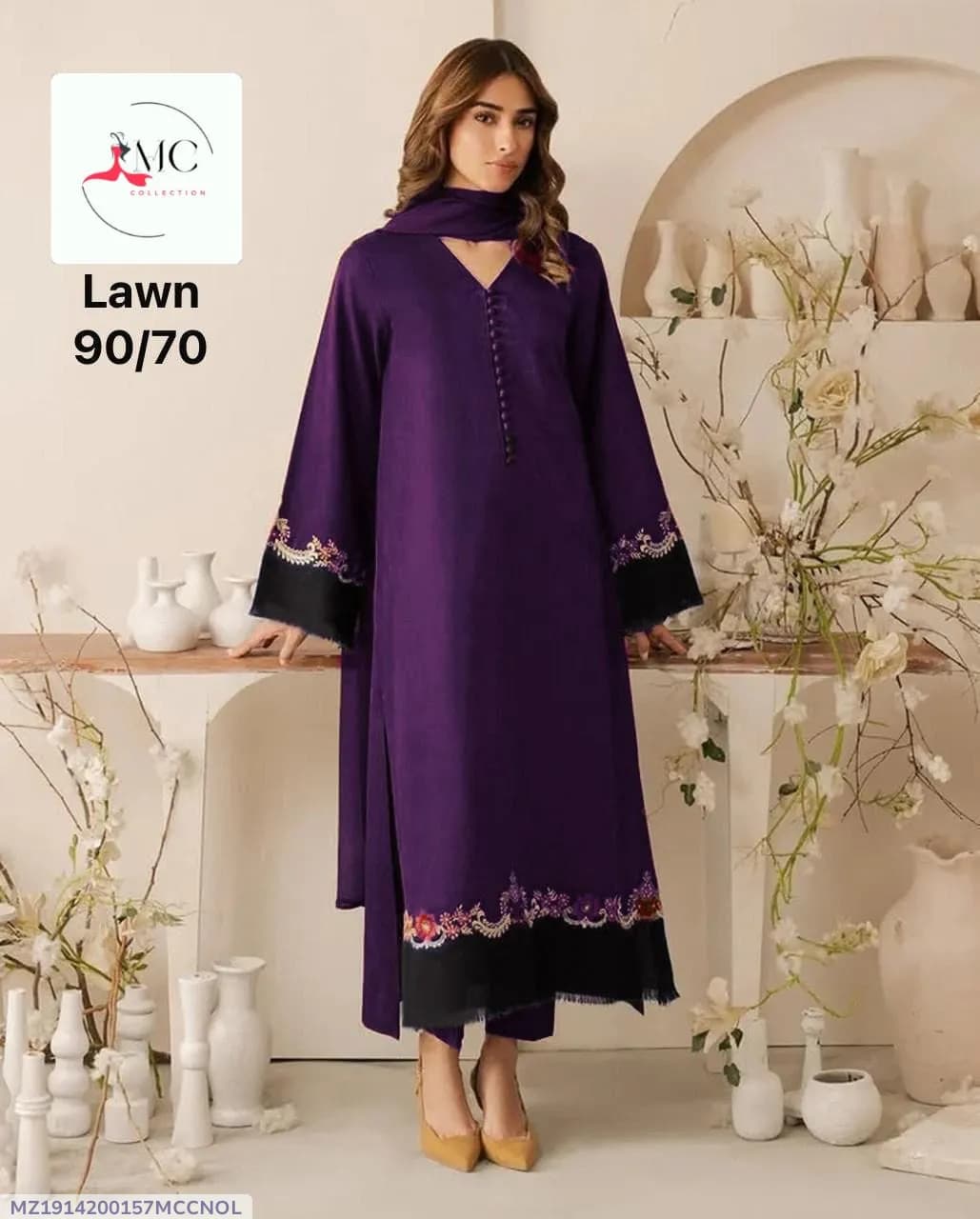 Purple Lawn Embroidered 3Pcs Set for Women