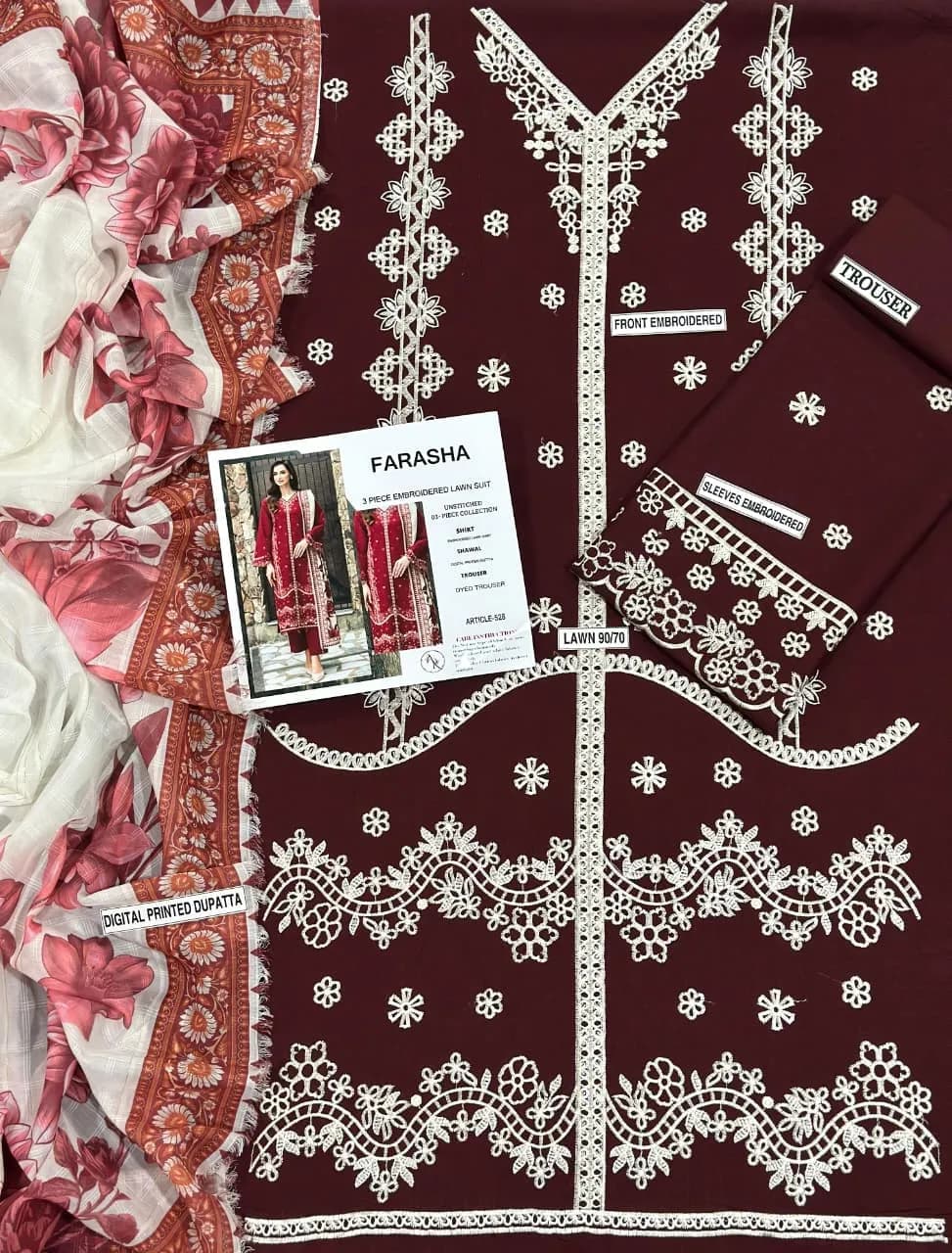 Maroon Embroidered Lawn 3Pcs Set for Women