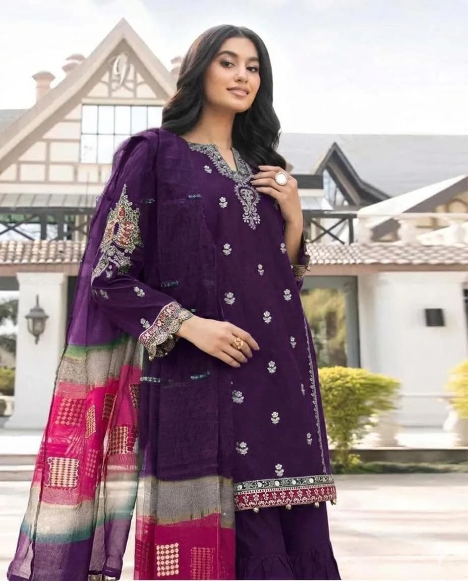 Purple Embroidered Lawn 3Pcs Set for Women
