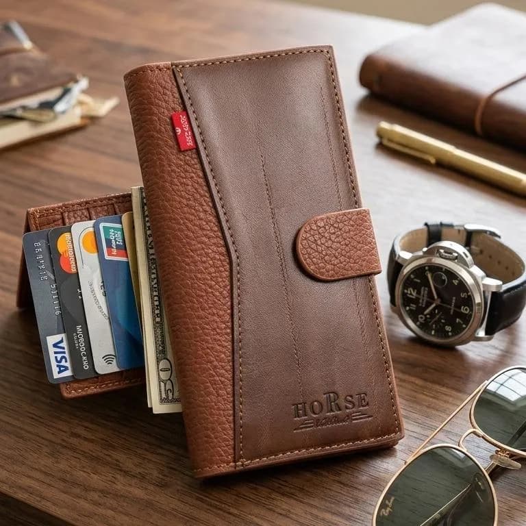 Men's Brown Leather Wallet with Metal Clasp