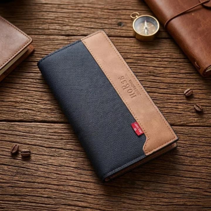 Men's Brown Leather Long Wallet with Brand Logo