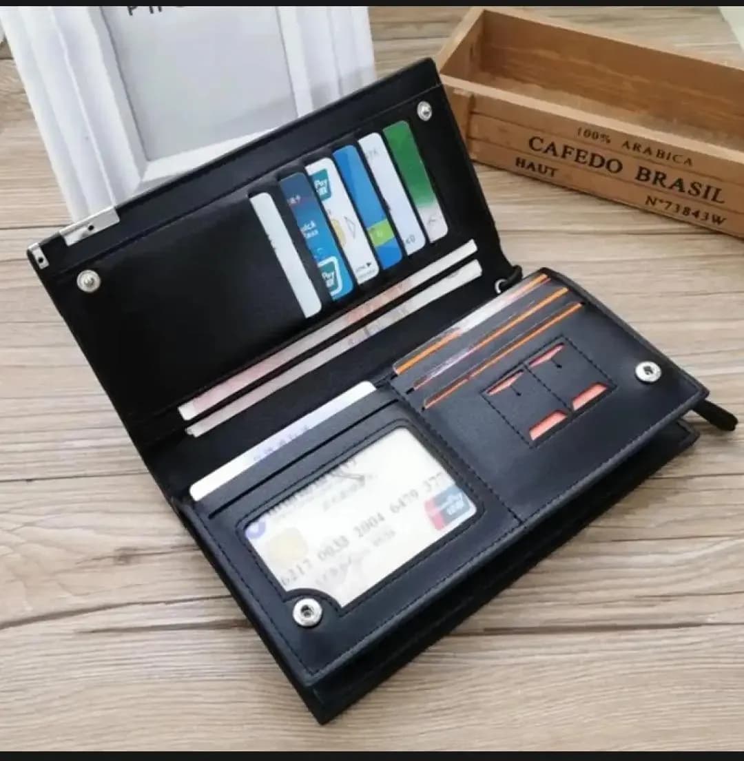 Men's Black Leather 11-Slot Zipper Wallet