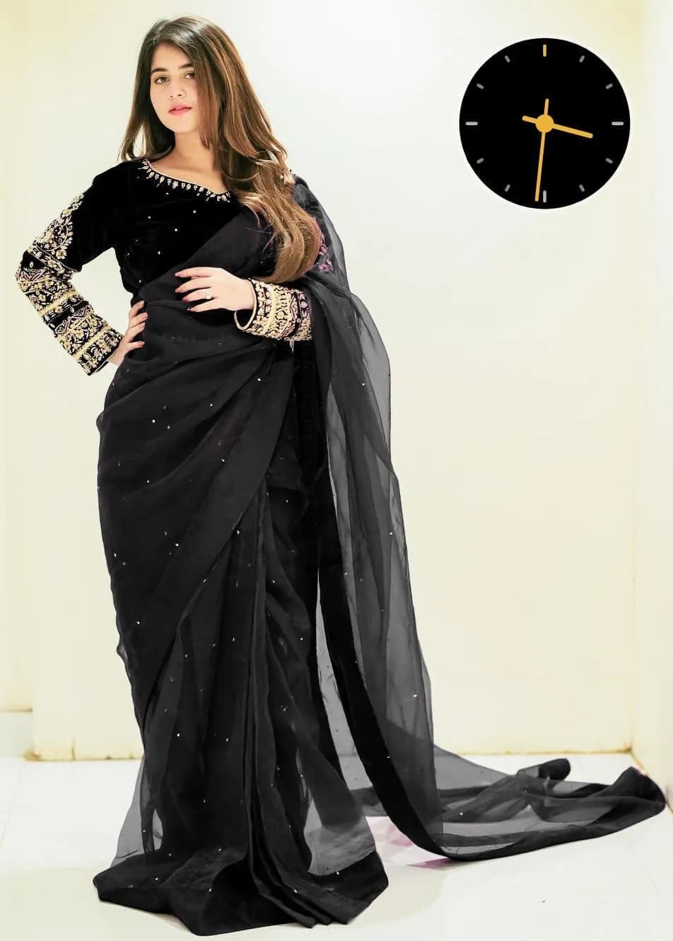 Black Chiffon Saree Set with Embroidered Blouse & 300+ Pearls