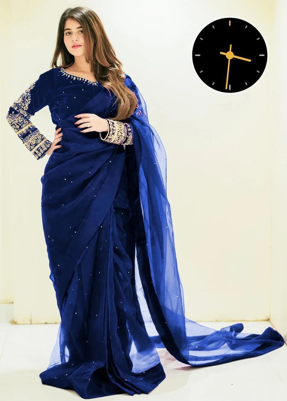Blue Chiffon Saree with Pearls & Embroidery Set