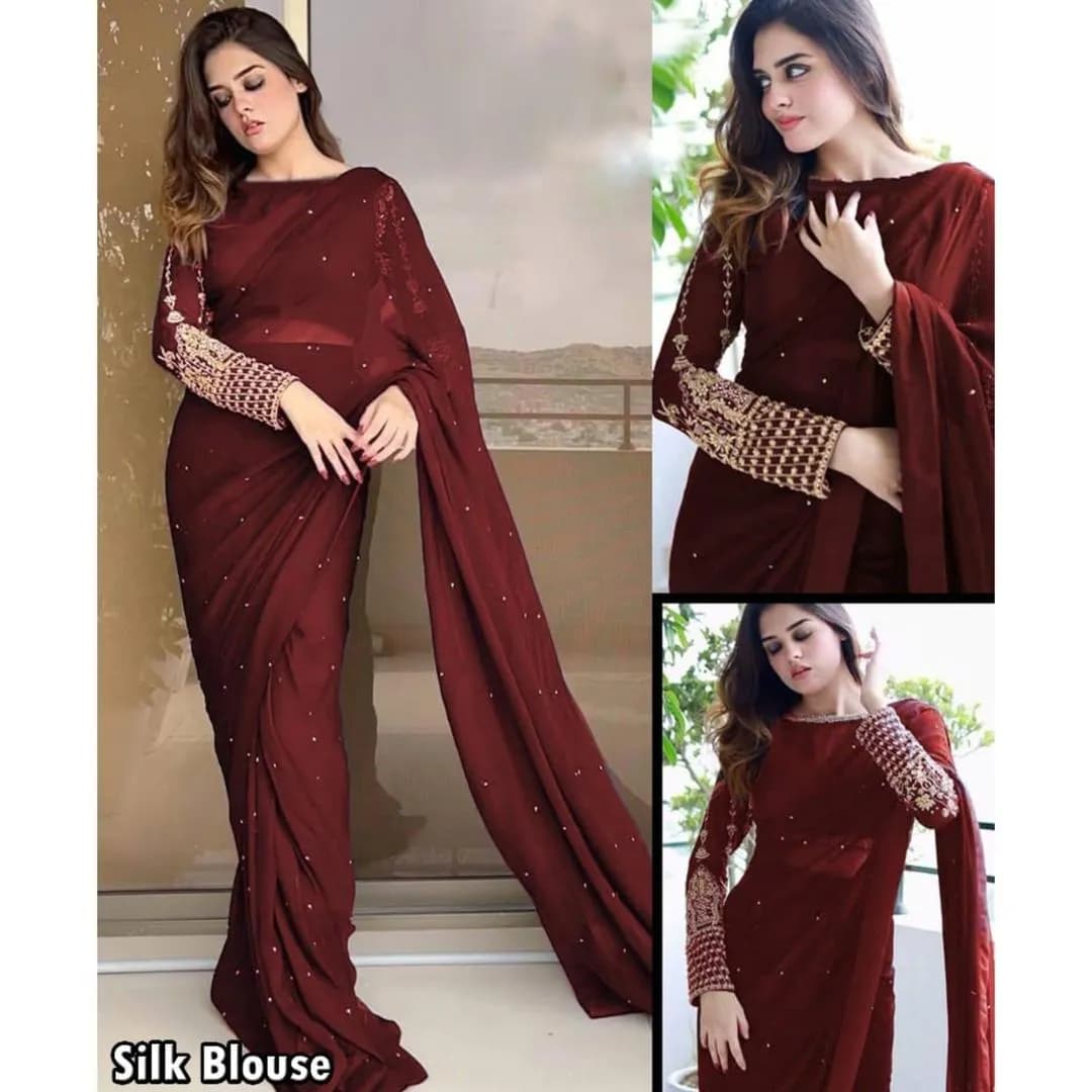 Maroon Silk Sequin Blouse Saree Set for Weddings