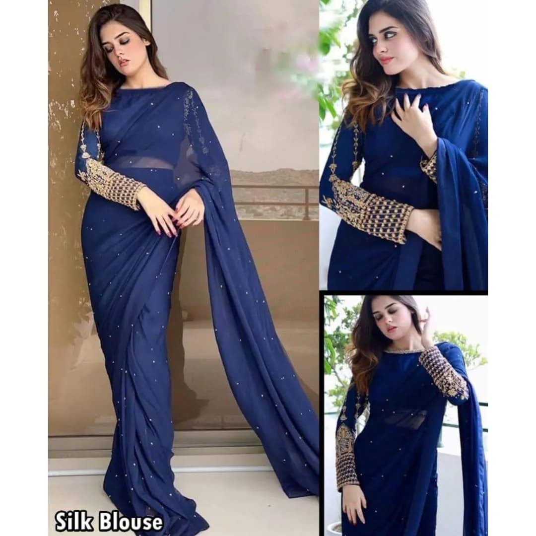 Blue Chiffon Sequins Embroidered Saree with Silk Blouse Set