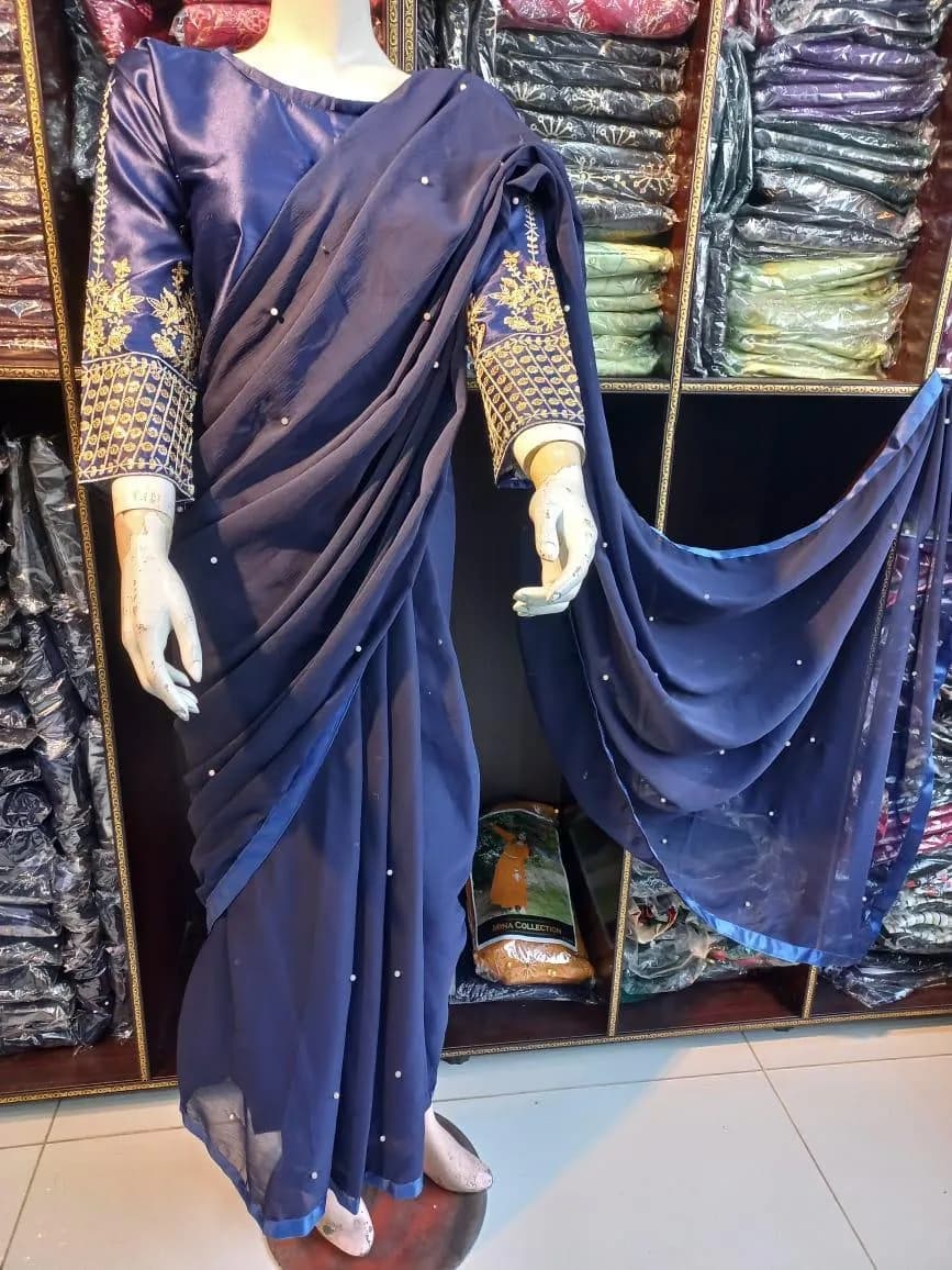 Blue Chiffon Sequins Embroidered Saree with Silk Blouse Set