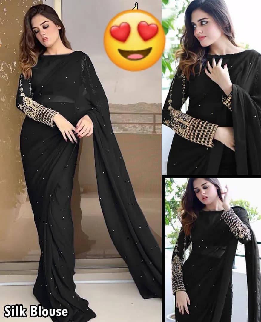 Black Chiffon Sequins Embroidered Saree with Silk Blouse Set