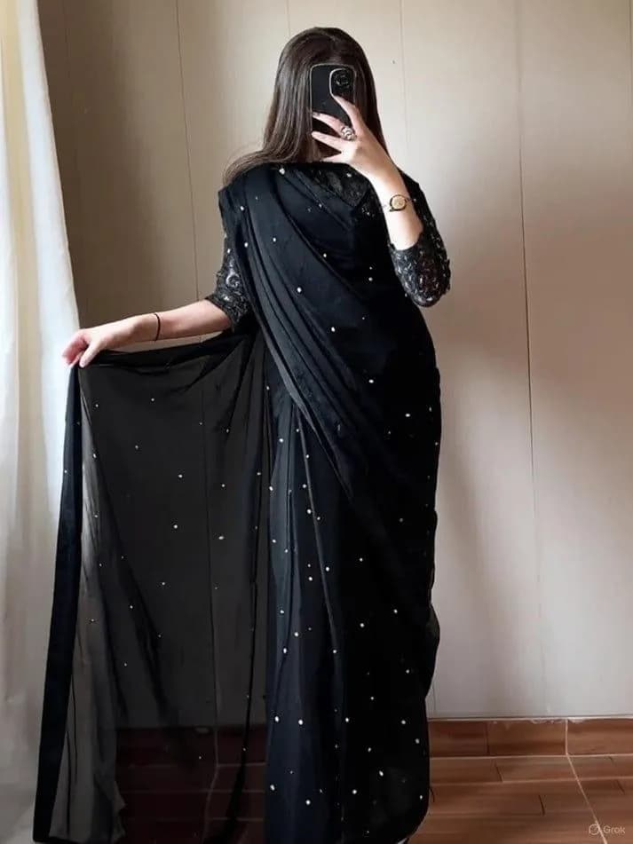 Black Chiffon Saree with Sequins & Pearls for Weddings