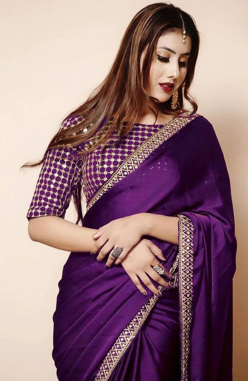 Purple Shamoz Silk Embroidered Saree Set for Women