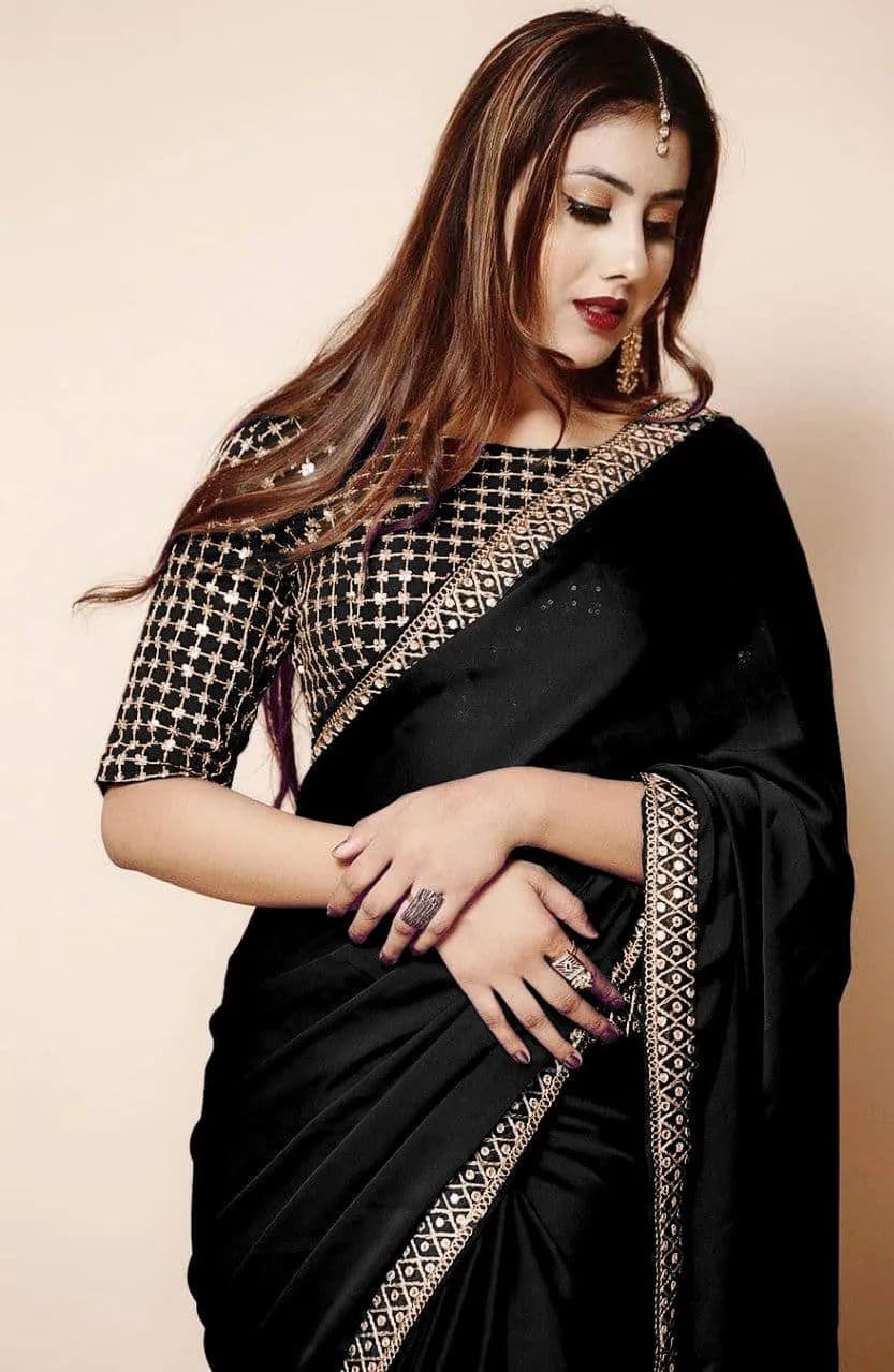 Black Embroidered Shamoz Silk Saree Set with Blouse