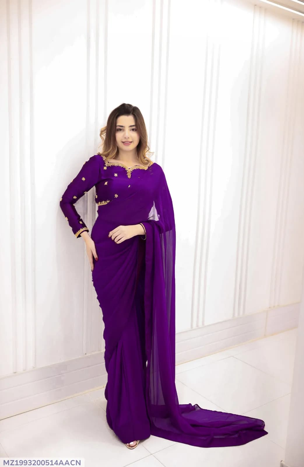 Purple Embroidered Saree with 7 Yards Stitch