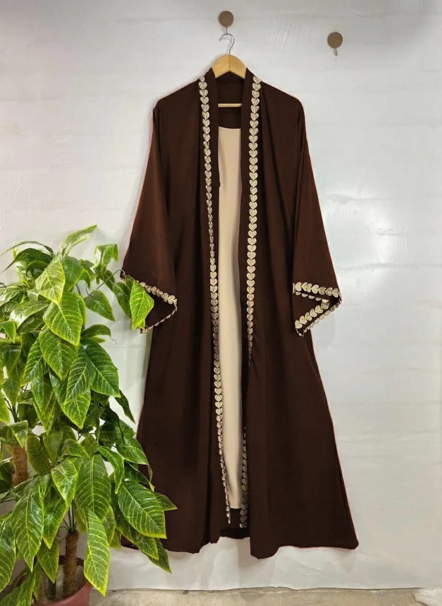 Georgette Embroidered Abaya Brown U-Neck 54"