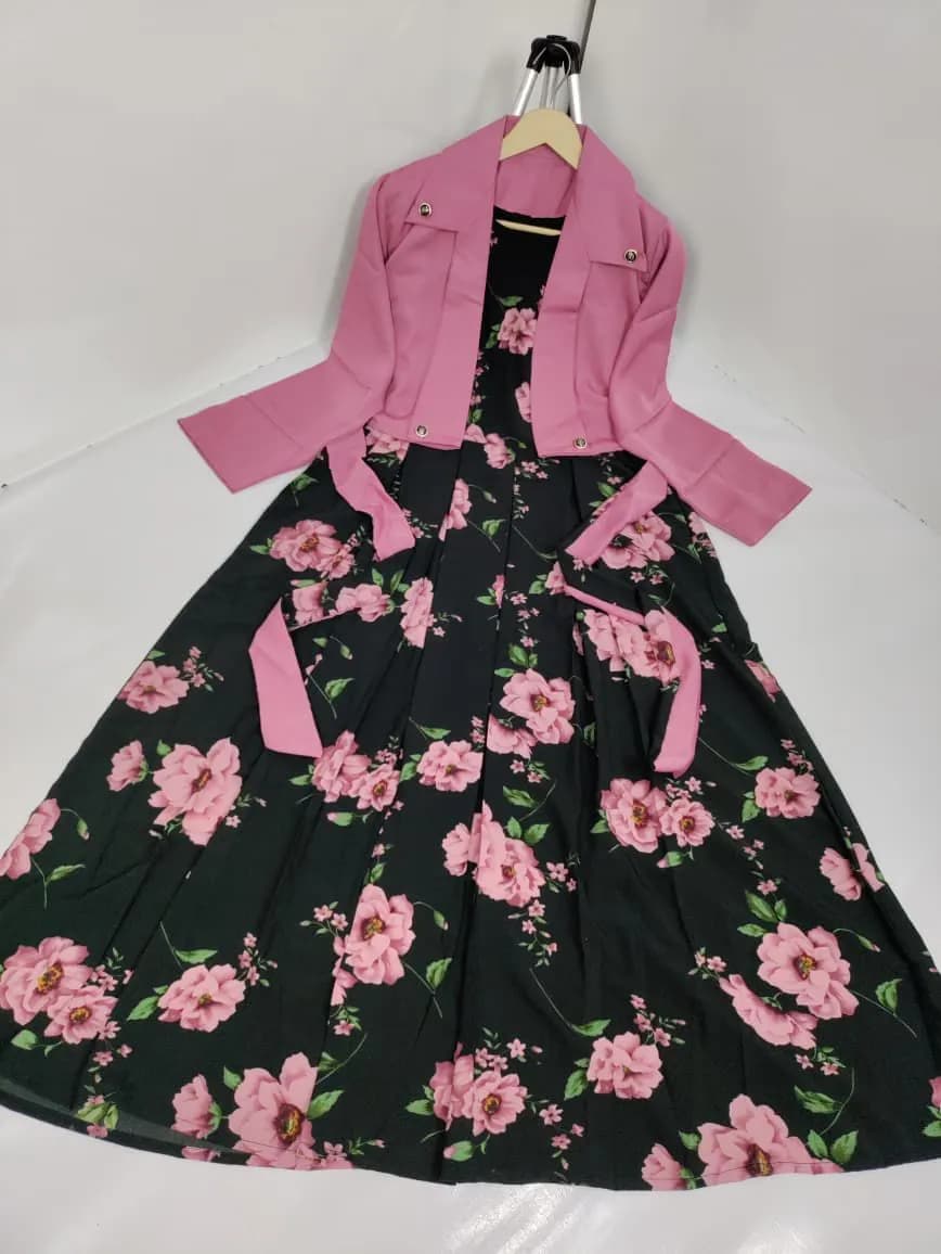 Black Floral Maxi Dress with Pink Sleeves & Belt