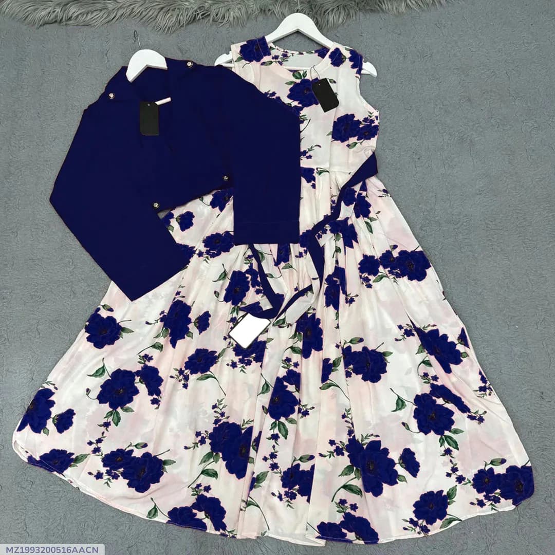 Digital Printed Maxi Dress Blue Floral Cotton Belted