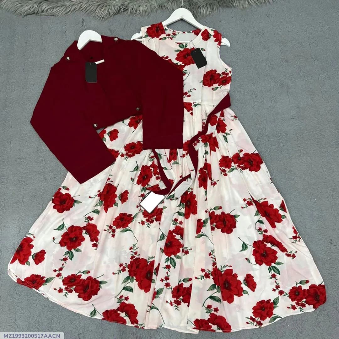 Digital Printed Maxi Dress Red Rose Cotton Belt Attached