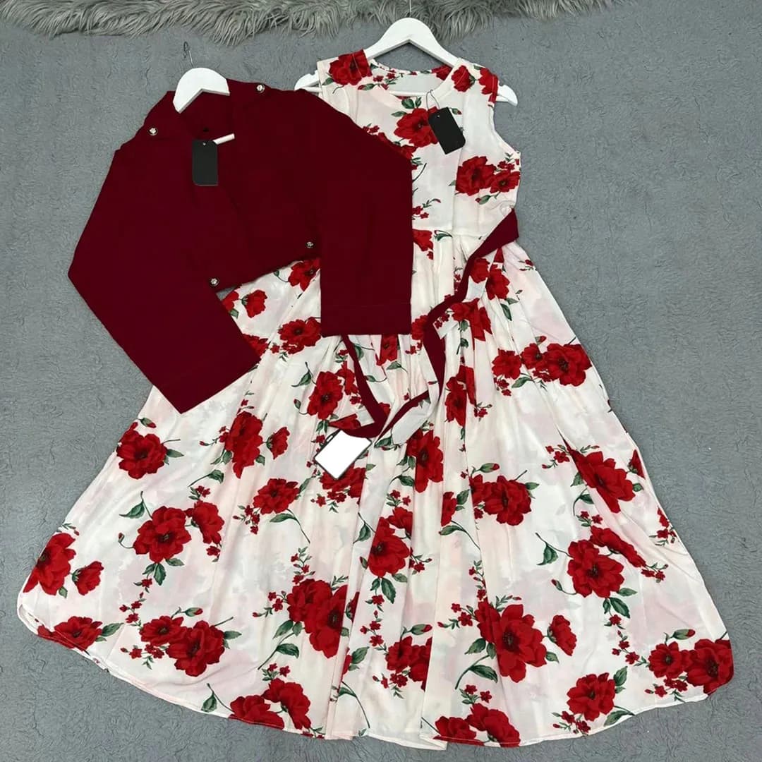 Digital Printed Maxi Dress Red Rose Cotton Belt Attached