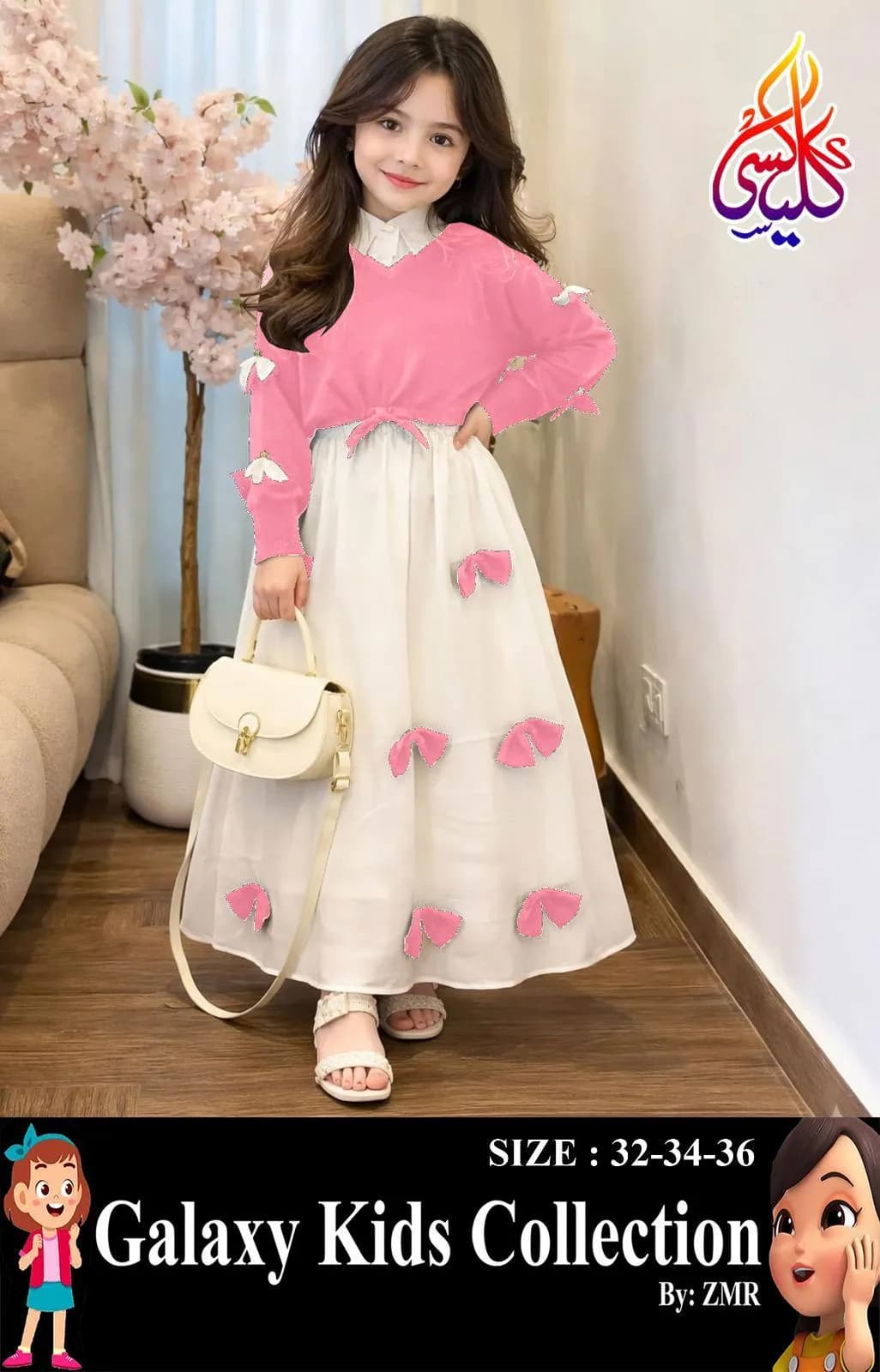 Girls Georgette Bow Top Maxi Set Pink White Bow Stitch