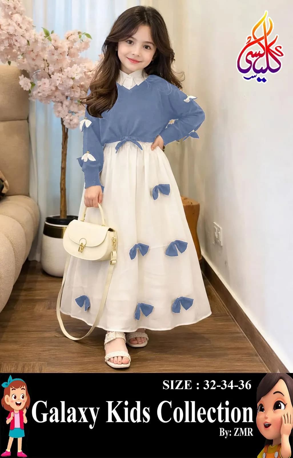 Girls Georgette Bow Top Maxi Set Blue White