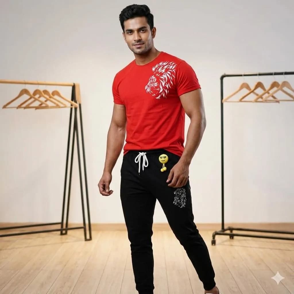 Men Red Lion Printed Track Suit 2Pcs Polyester