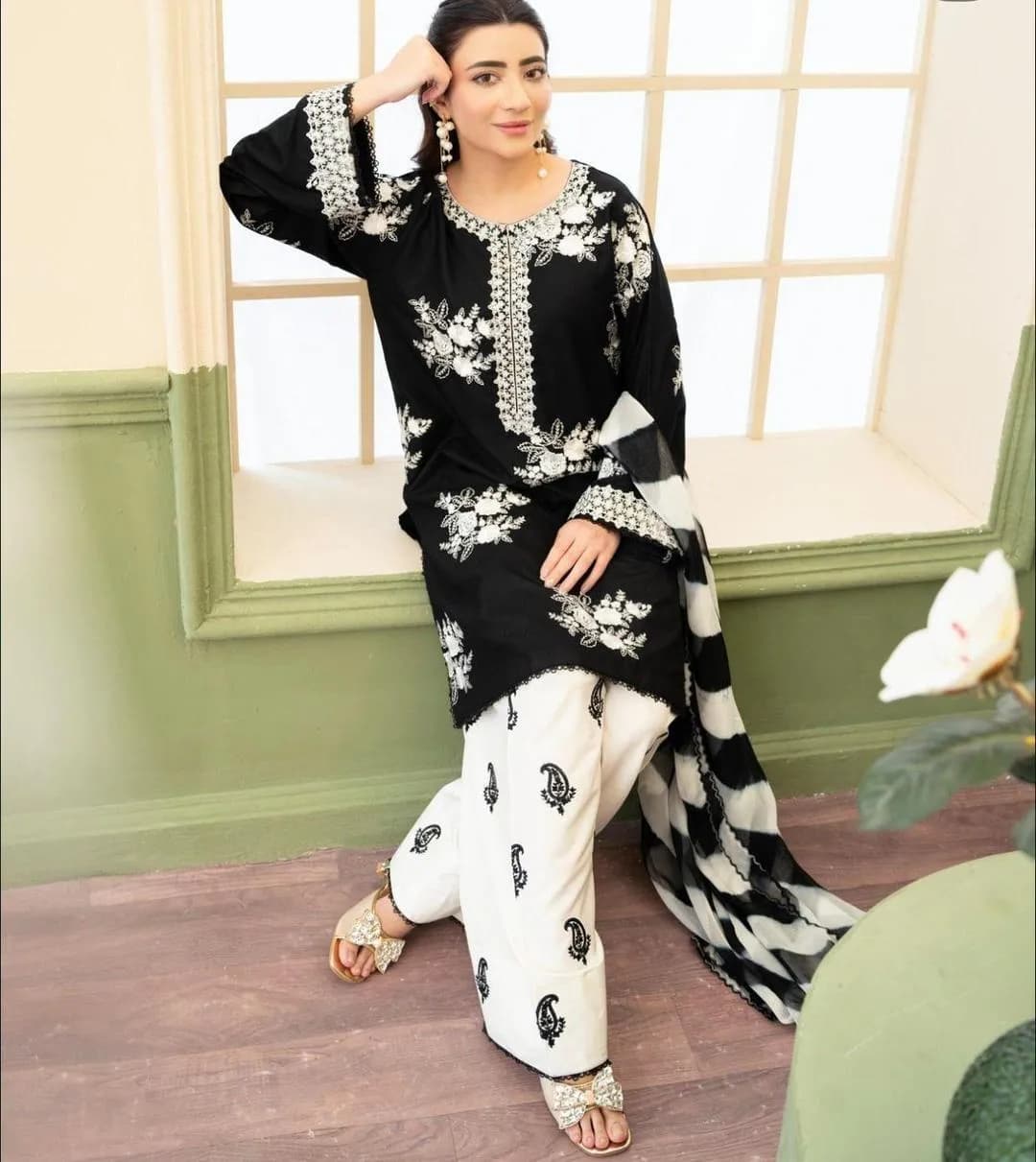 Black Embroidered Pajama Set with Printed Shawl