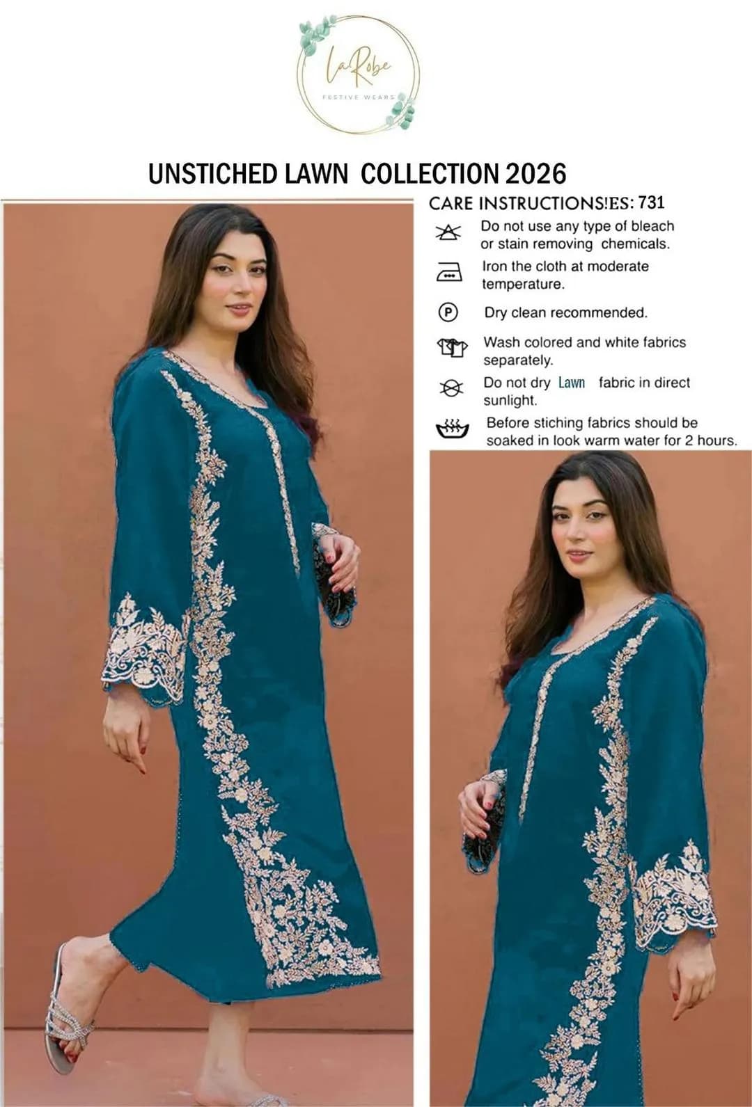 Unstitched Lawn Suit Blue Gold Embroidery for Bakra Eid - image 1