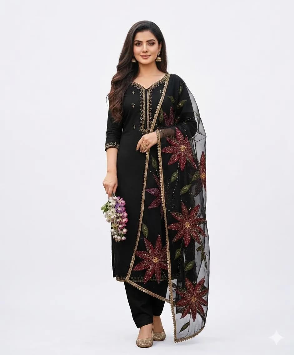 Black Organza 3 Piece Suit with Heavy Beads & Stone Work