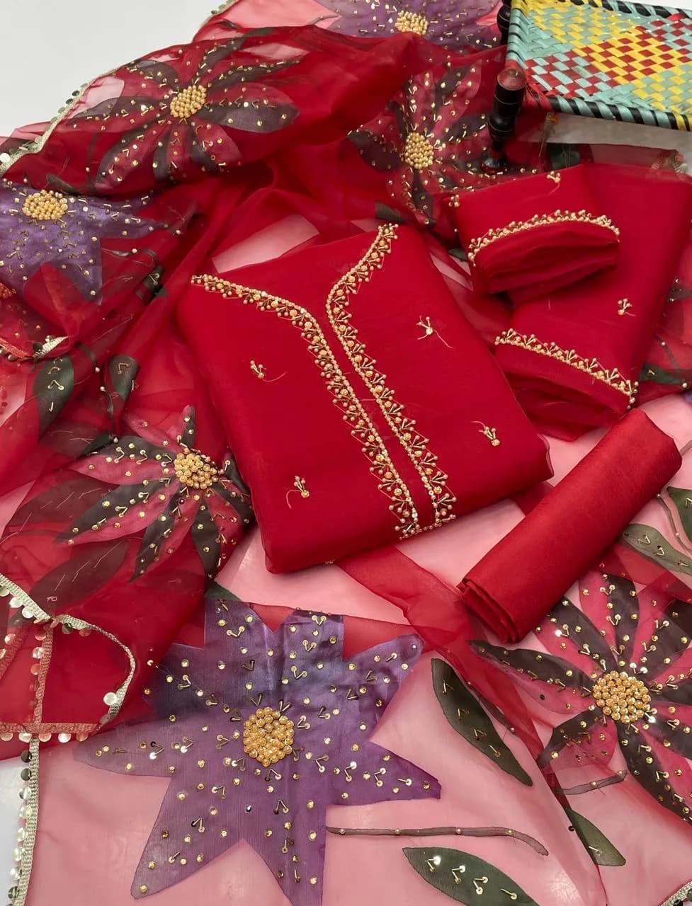 Premium Handmade Organza 3 Piece Suit Red with Beads & Oil Paint Dupatta