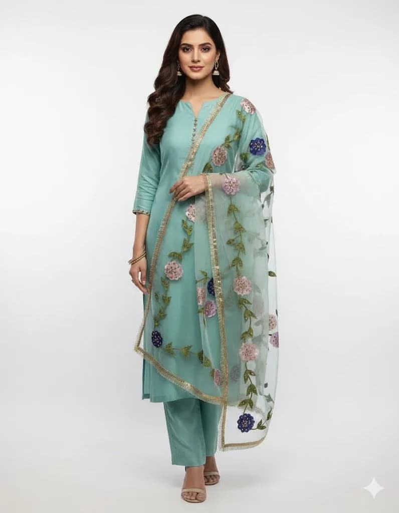 3 Piece Silk Embroidered Party Suit Mint Green