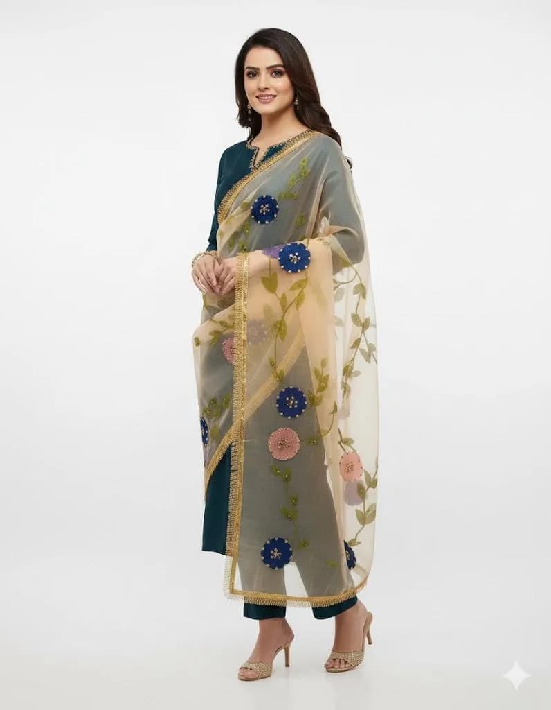 Green Silk Embroidered 3-Piece Party Suit with Heavy Kiran Lace Dupatta