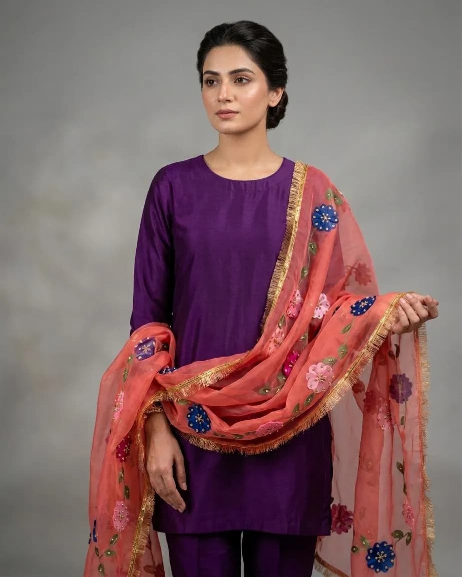 Purple Silk 3-Piece Party Suit with Hand Painted Dupatta
