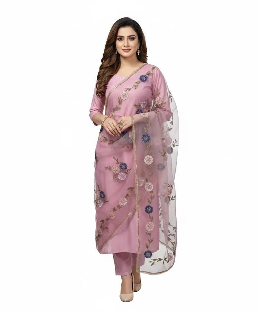 Pink Kattan Silk 3-Piece Party Suit with Hand Painted Dupatta
