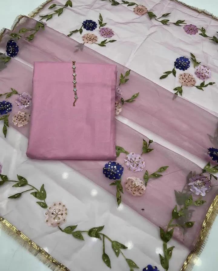 Pink Kattan Silk 3-Piece Party Suit with Hand Painted Dupatta