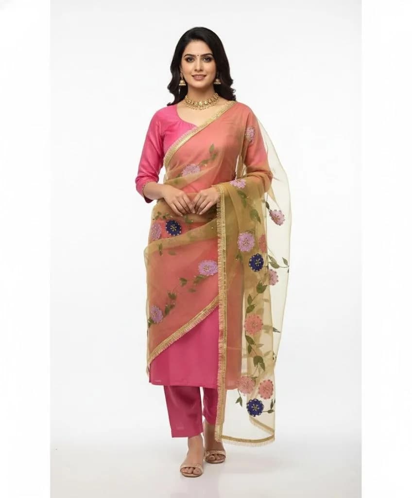 3 Piece Silk Party Wear Suit with Hand Painted Dupatta