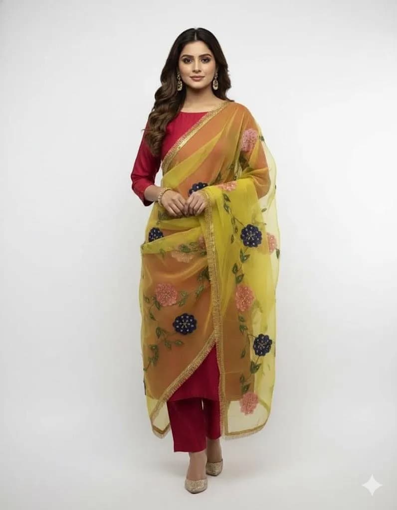 3 Piece Silk Party Wear Suit Red Hand Painted Dupatta