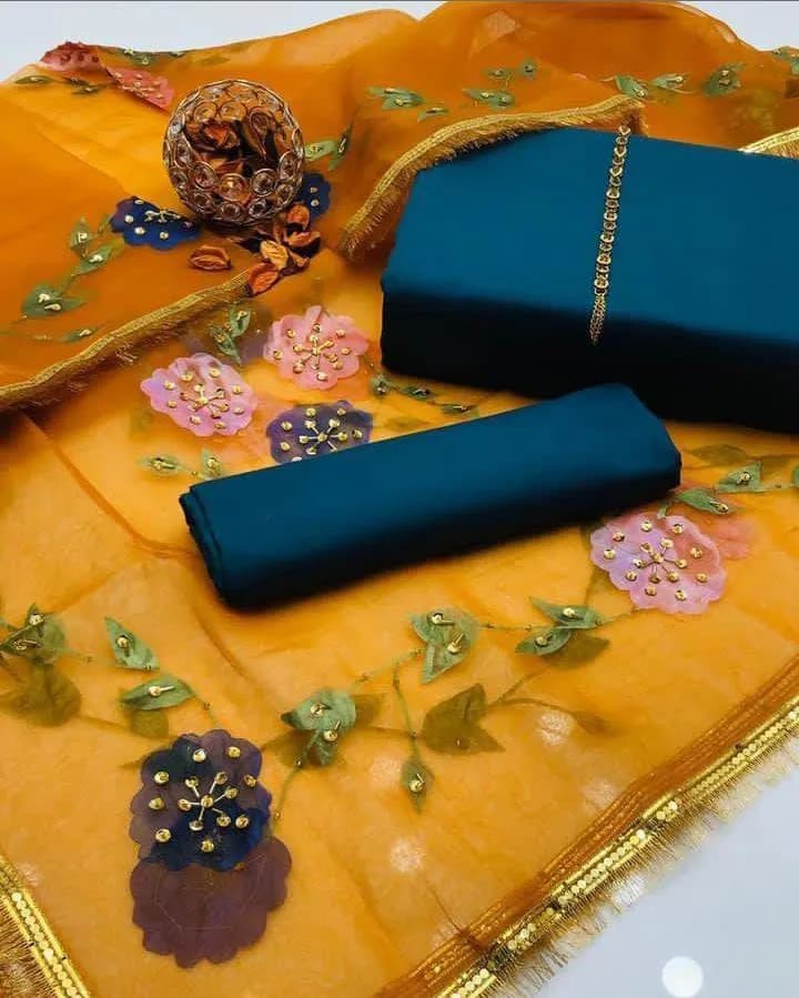 3 Piece Silk Party Wear Suit Green Hand Painted Dupatta