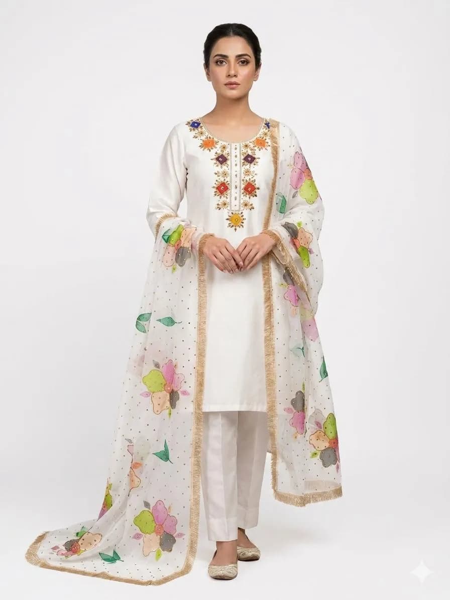 Handmade Oil Paint 3 Piece Kattan Silk Suit with Organza Glitter Dupatta