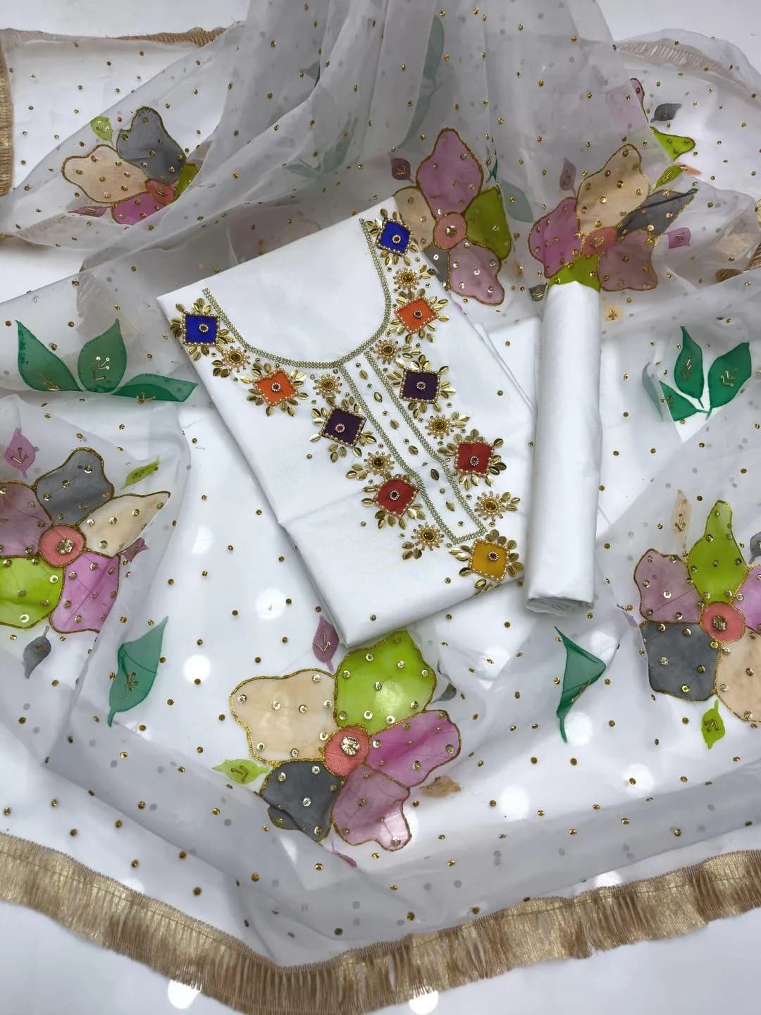 Handmade Oil Paint 3 Piece Kattan Silk Suit with Organza Glitter Dupatta