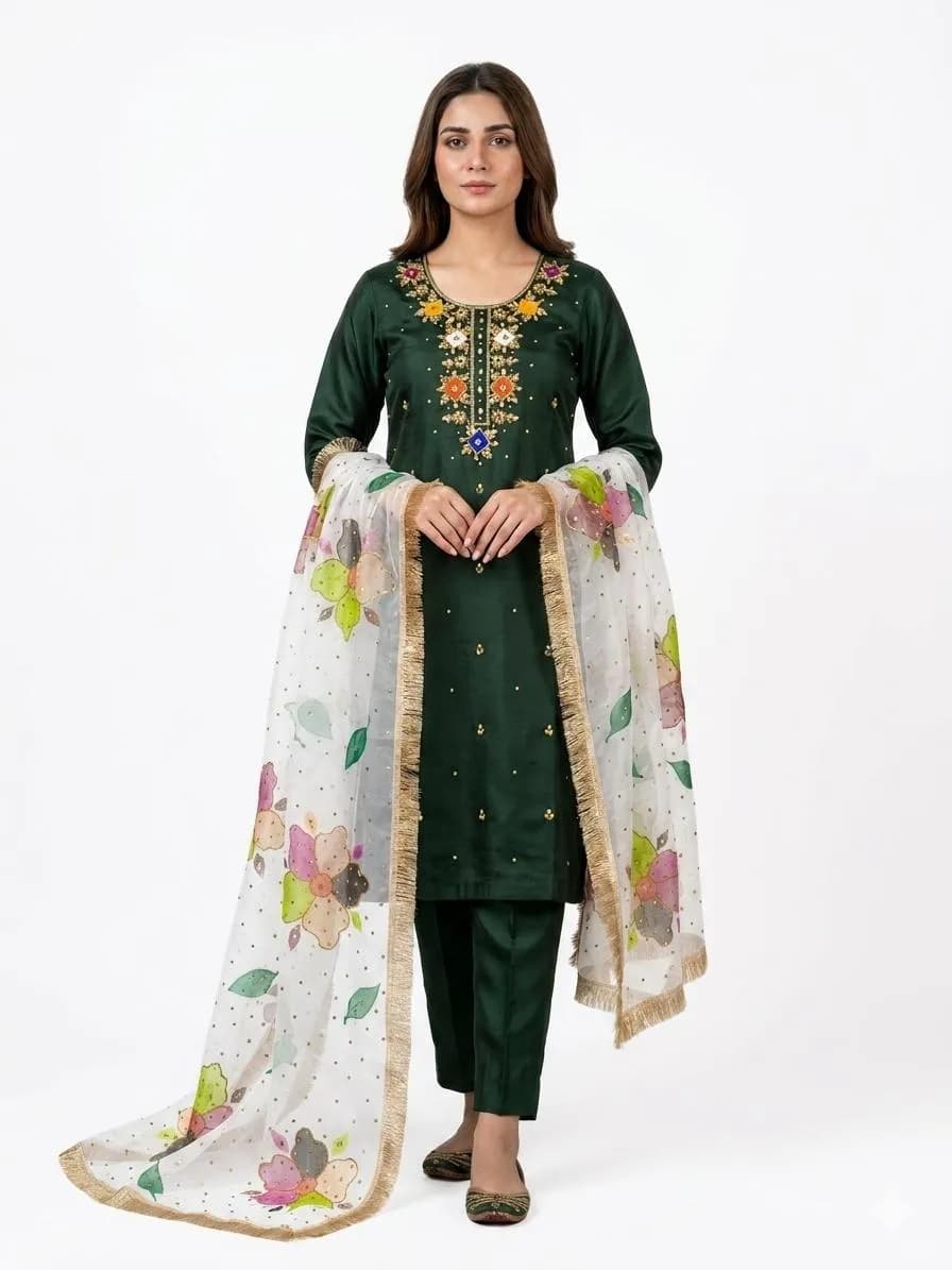 Green Kattan Silk 3 Piece Party Suit with Organza Glitter Dupatta