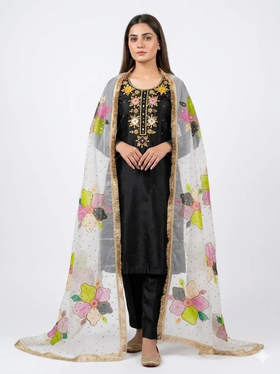 Handmade Oil Paint 3 Piece Kattan Silk Suit with Organza Glitter Dupatta