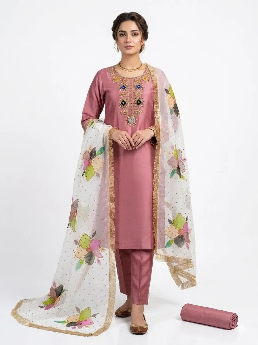 Handmade Oil Paint 3 Piece Kattan Silk Suit with Moti Sitara & Glitter Dupatta