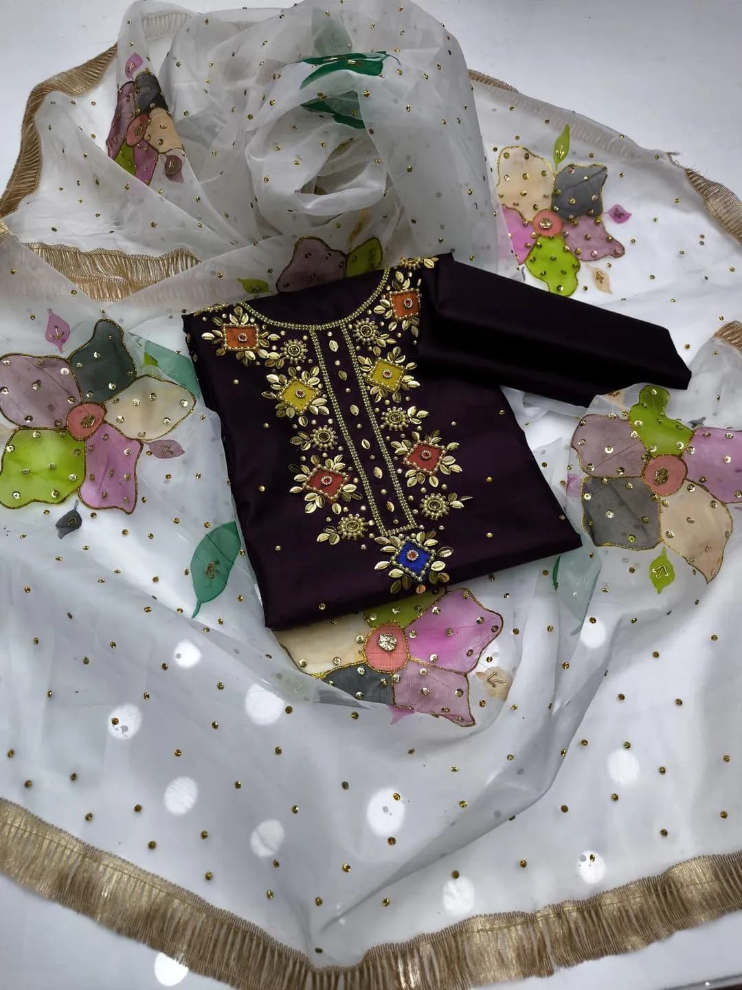 Handmade Oil Paint 3 Piece Kattan Silk Suit with Organza Glitter Dupatta