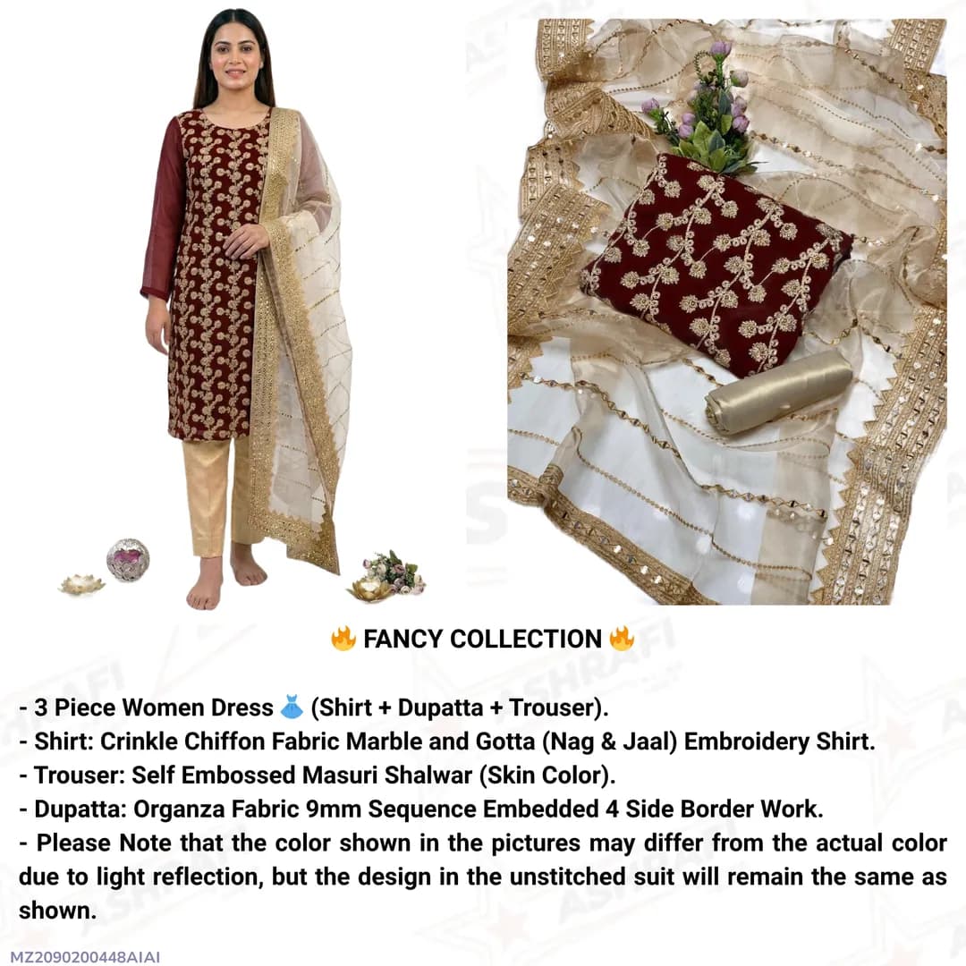 Fancy 3Pc Unstitched Suit with Embroidery & Dupatta
