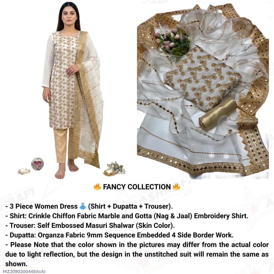 Fancy 3-Piece Embroidered Suit White Organza Dupatta Eid Wedding Party Wear Unstitched Pakistan