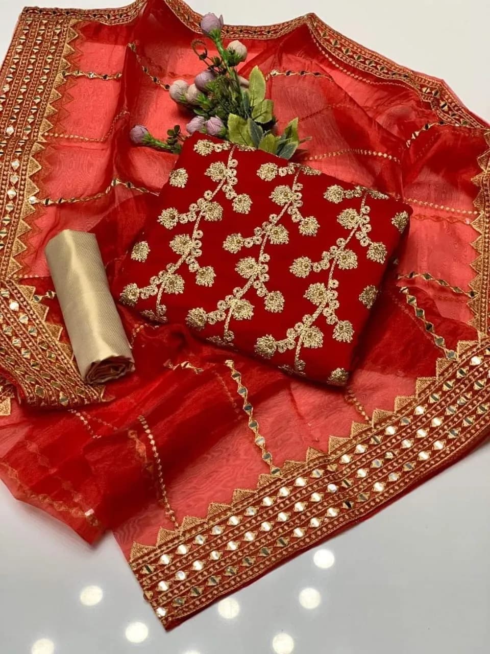 Fancy Red Embroidered 3-Piece Women Suit with Organza Dupatta
