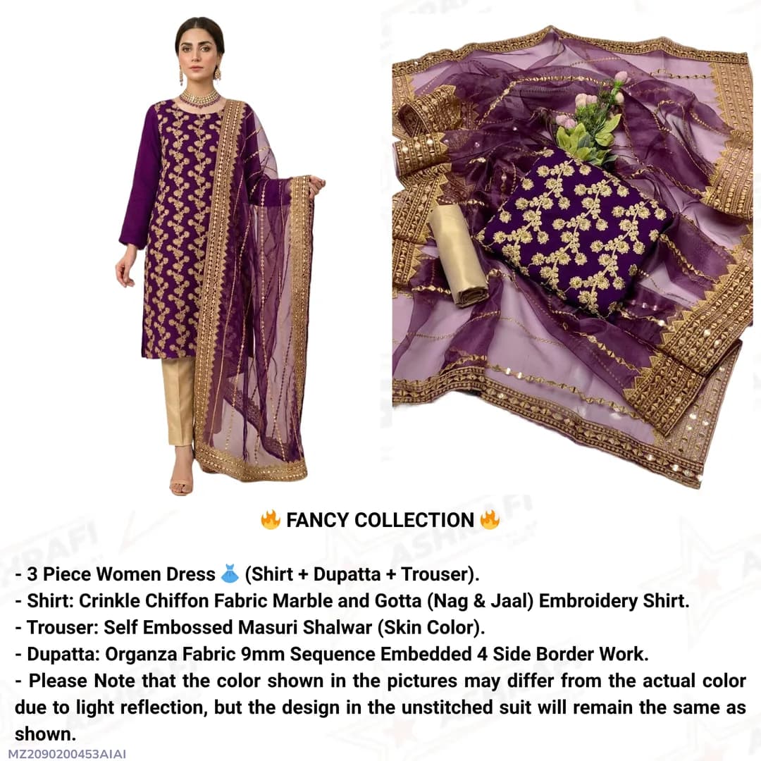 Fancy Purple 3-Piece Embroidered Suit for Women with Organza Dupatta