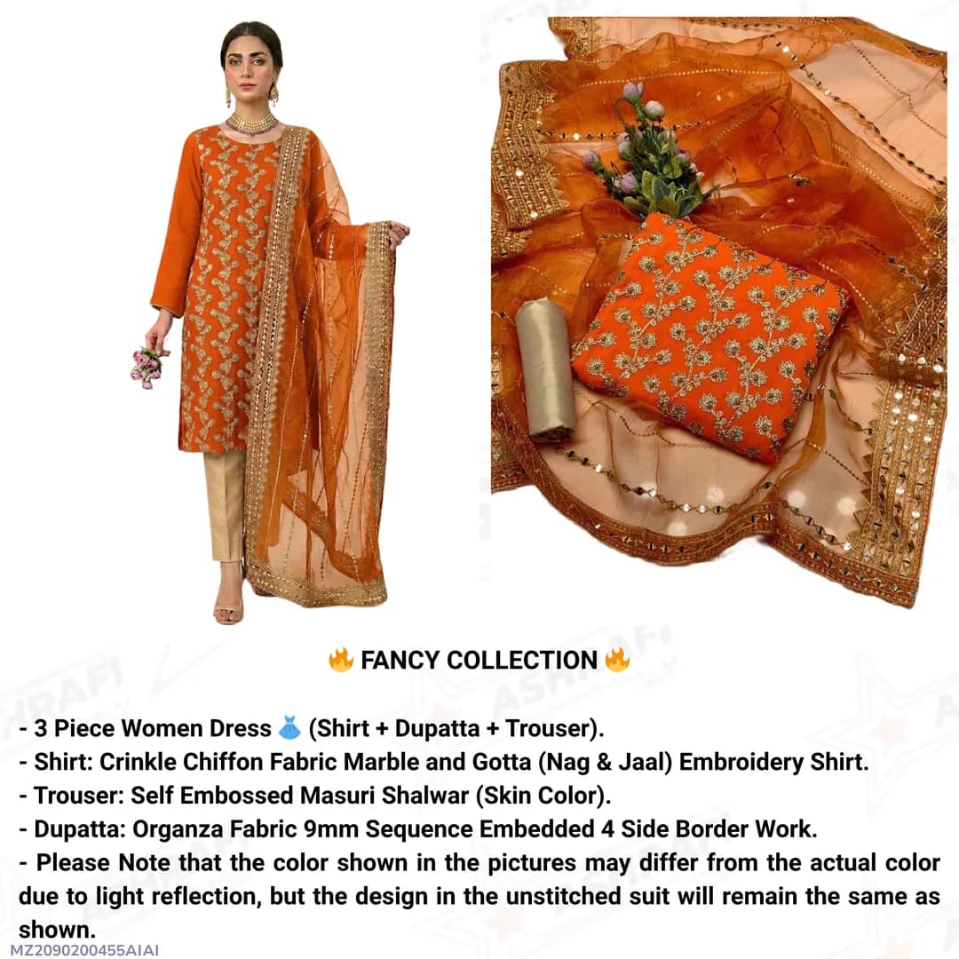 Fancy 3-Piece Women Suit Orange Embroidered Organza Dupatta