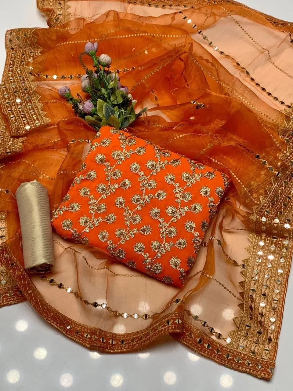 Fancy 3-Piece Women Suit Orange Embroidered Organza Dupatta