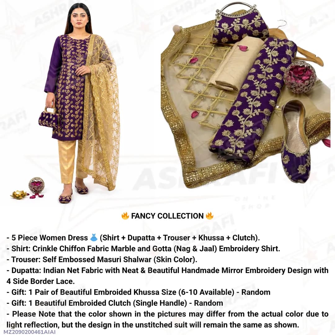 Fancy 5-Piece Embroidered Khussa Suit Purple for Women