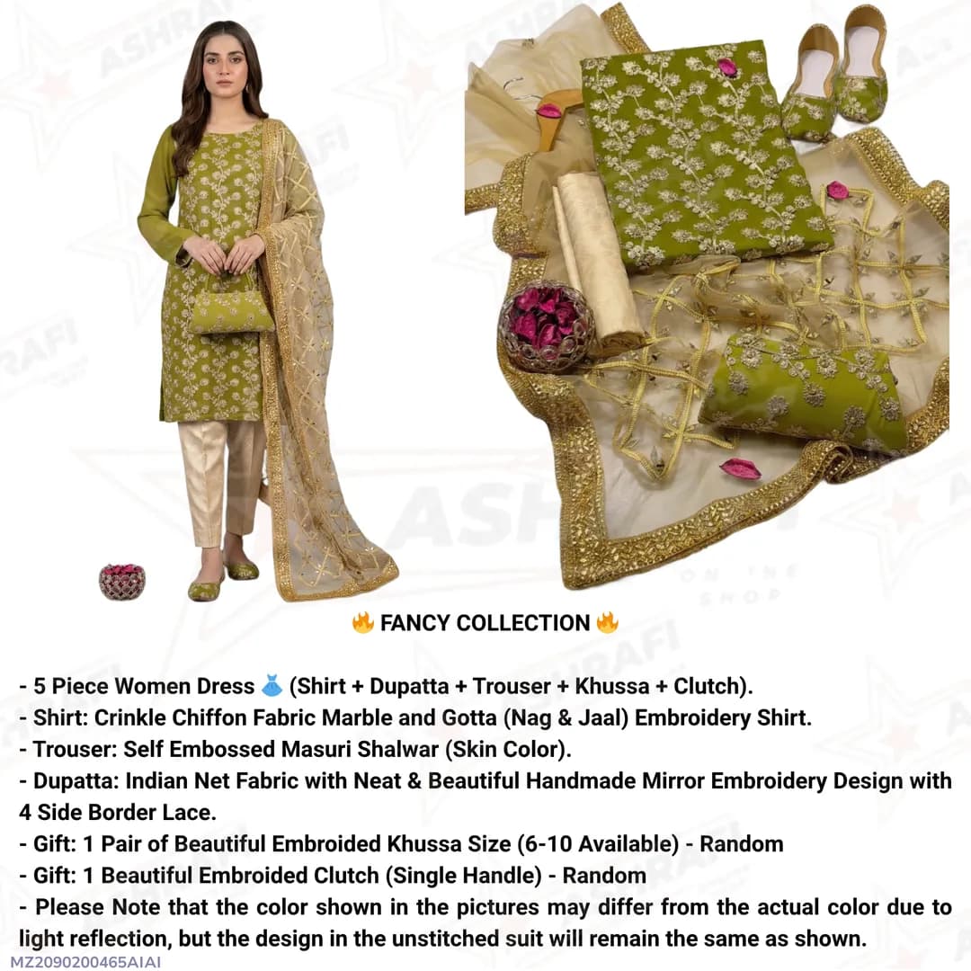 Fancy 5-Piece Green Embroidered Chiffon Eid Suit Set for Women